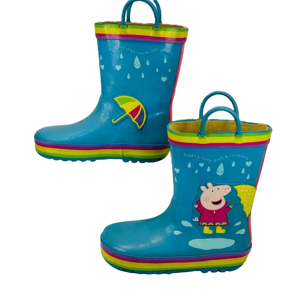 Peppa Pig Kids Rain Boots Blue Rainbow Umbrella Toddler‎ 9–10 Fun Colorful